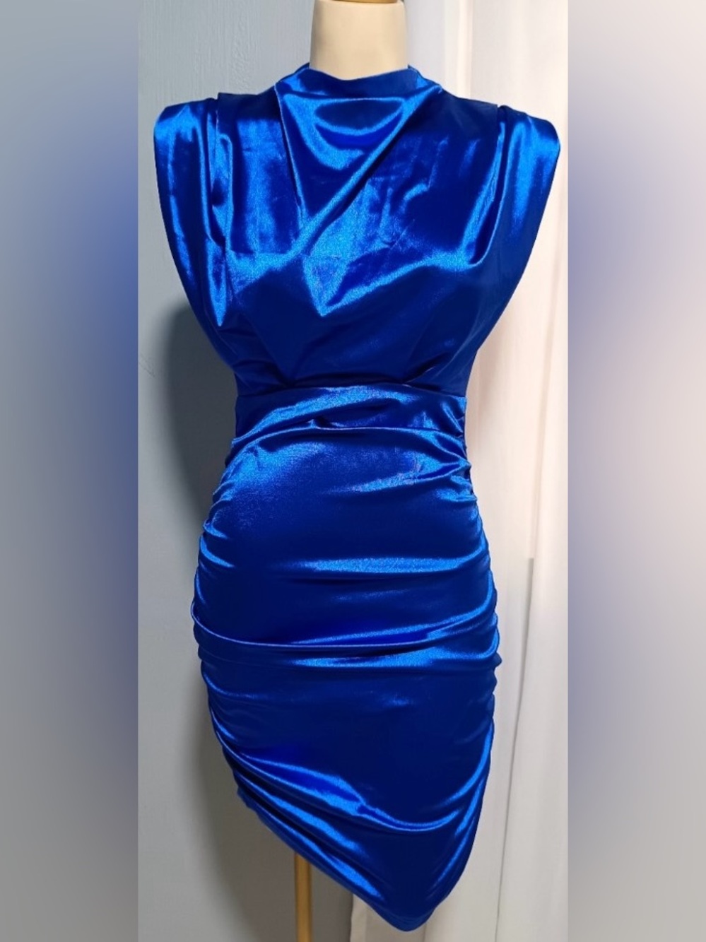 Royal Blue Shoulder Pad Ruched Satin Mini Dres